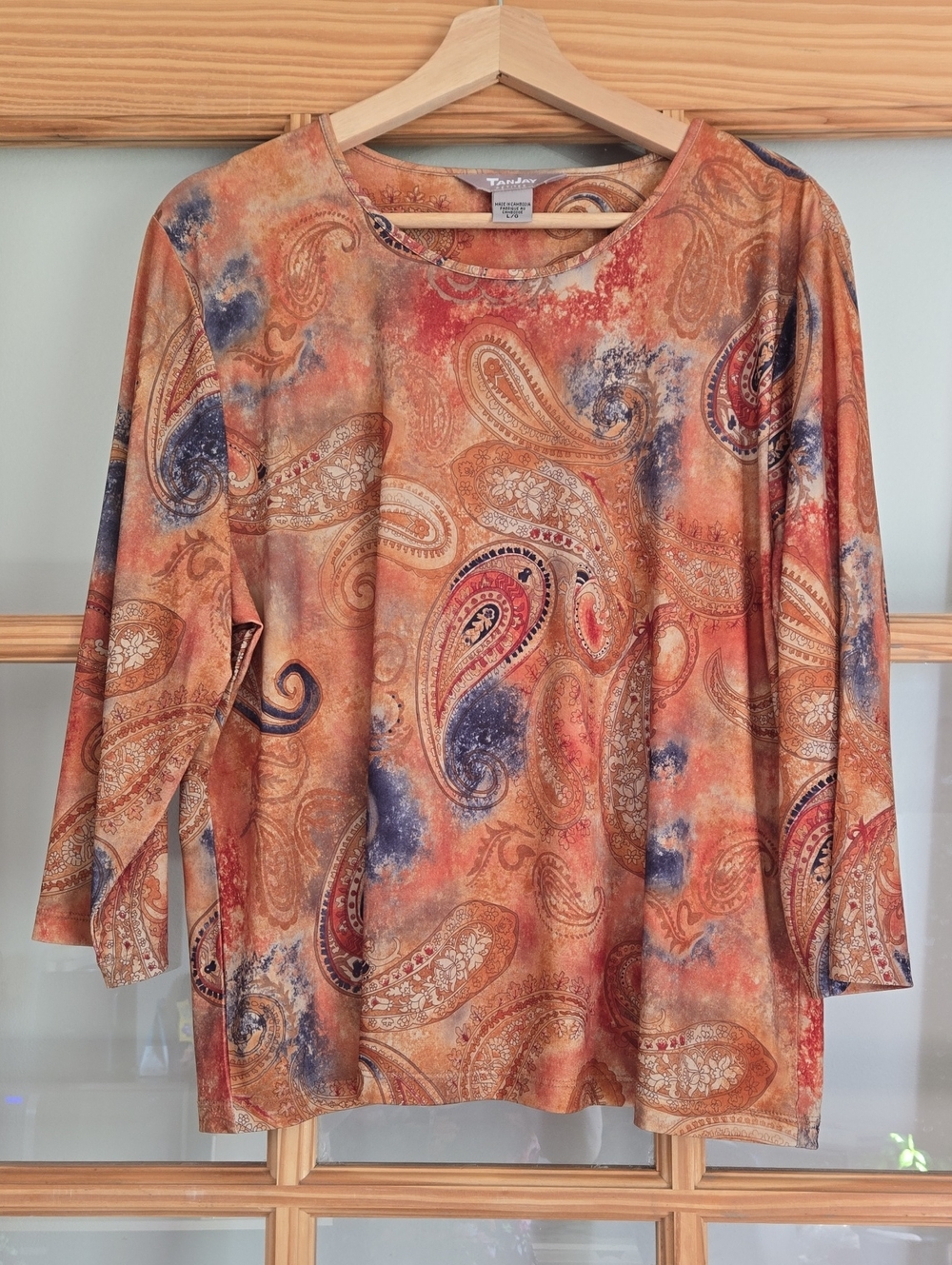 Tanjay Rust Multi Paisley Scoop Neck Long Sleeve Top Large 3/4 Sleeve